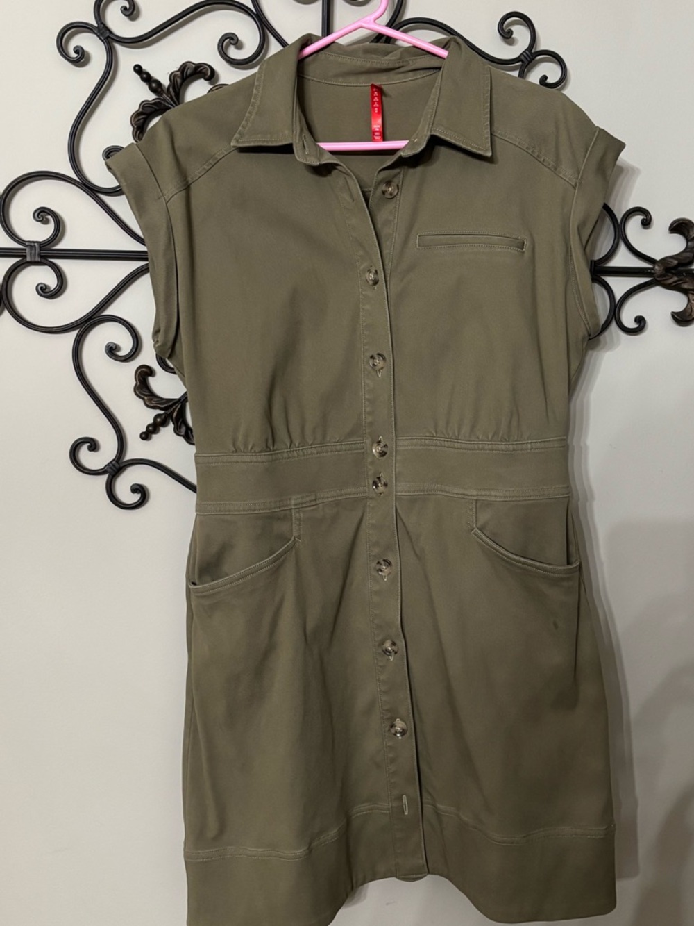 This is a Spanx Tuscan Olive green Utility Button Dress.  Size M